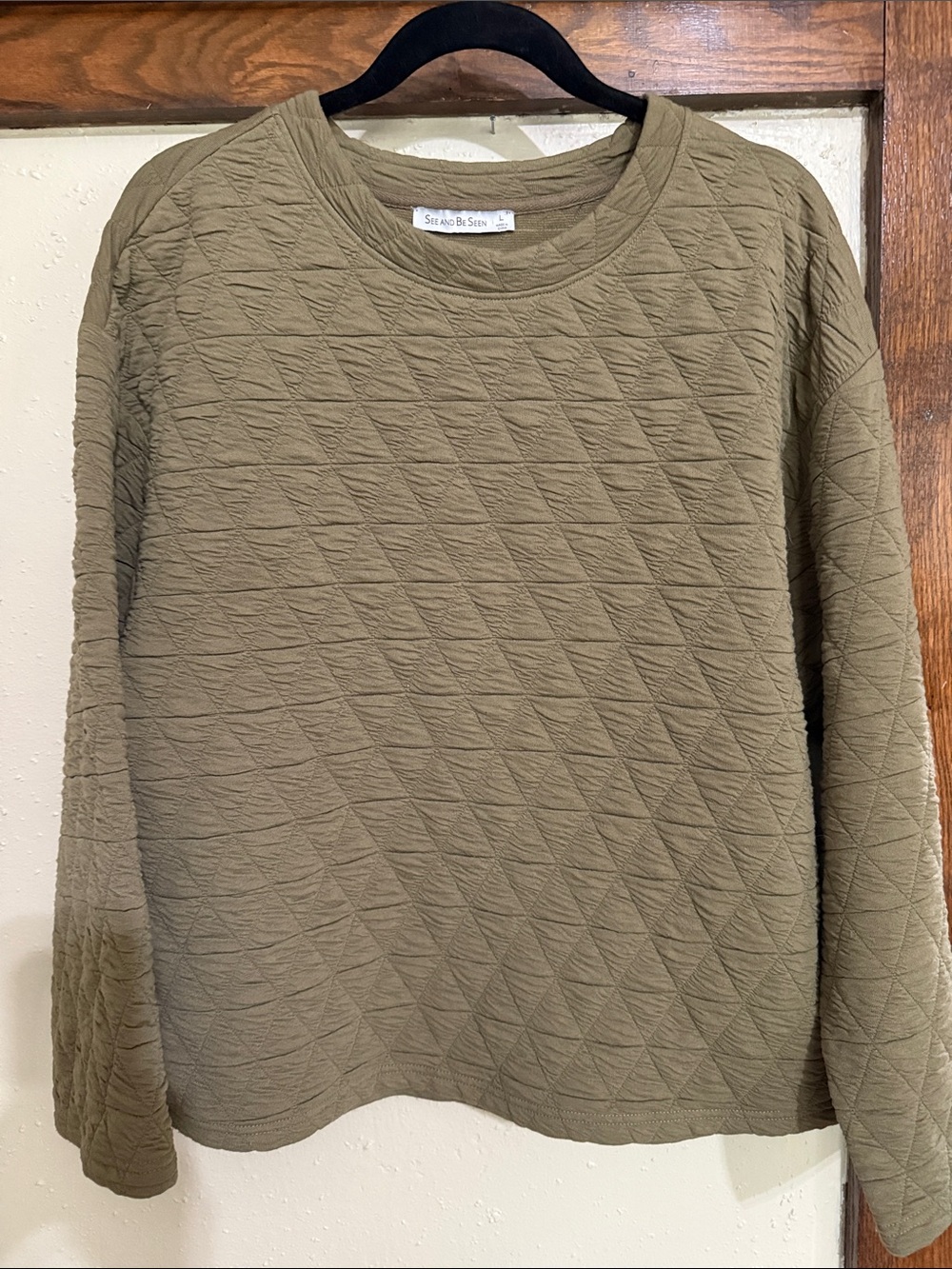 Quilted Crewneck Sweater in Olive by See by Sea